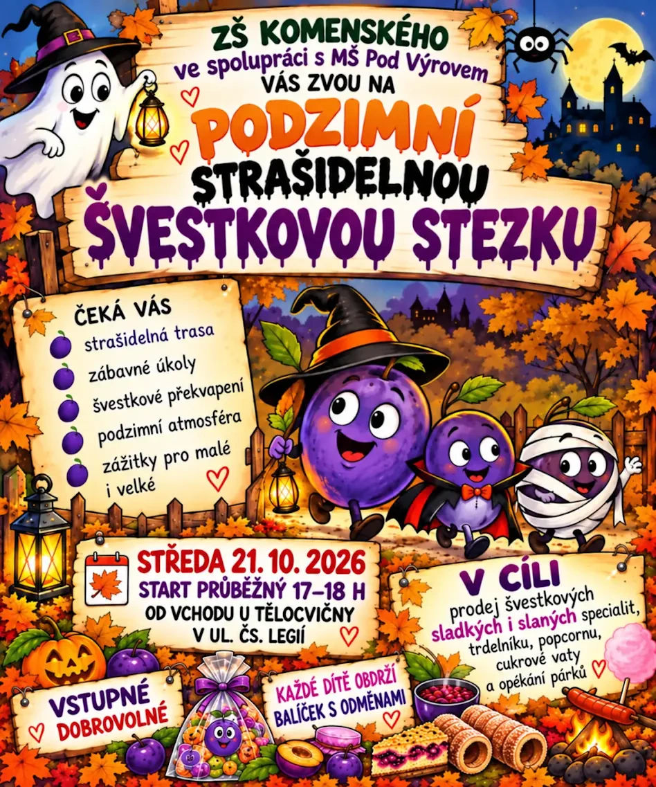 Barevný plakát zve na Podzimní strašidelnou švestkovou stezku pořádanou ZŠ Komenského.