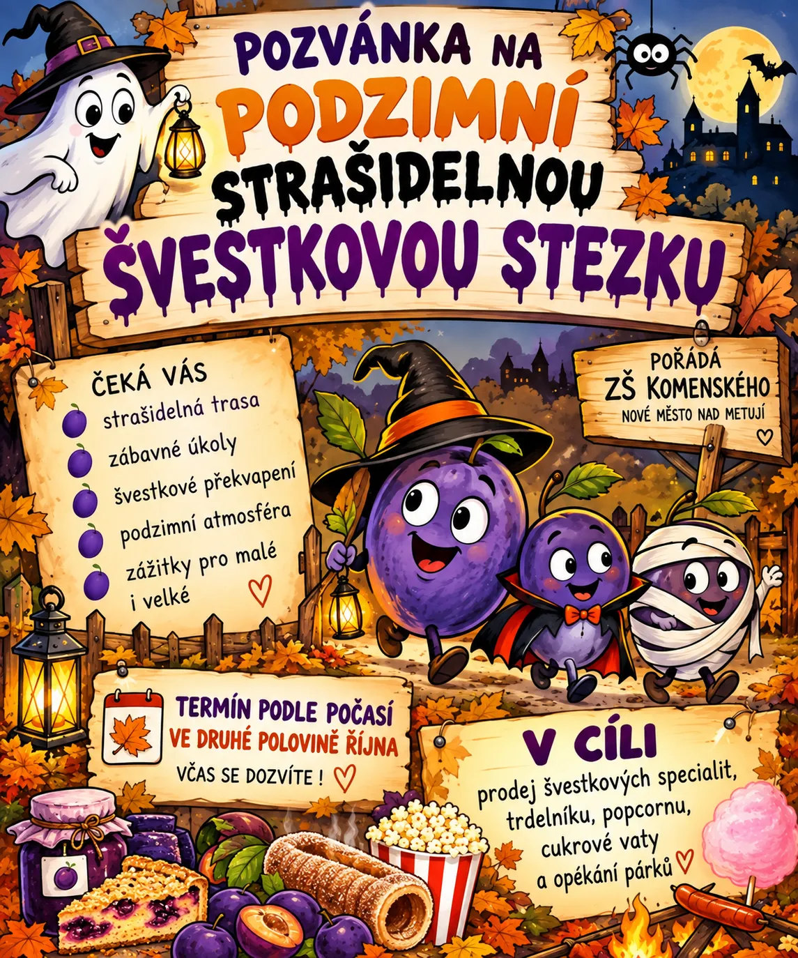 Barevná pozvánka na Podzimní strašidelnou švestkovou stezku pořádanou ZŠ Komenského.